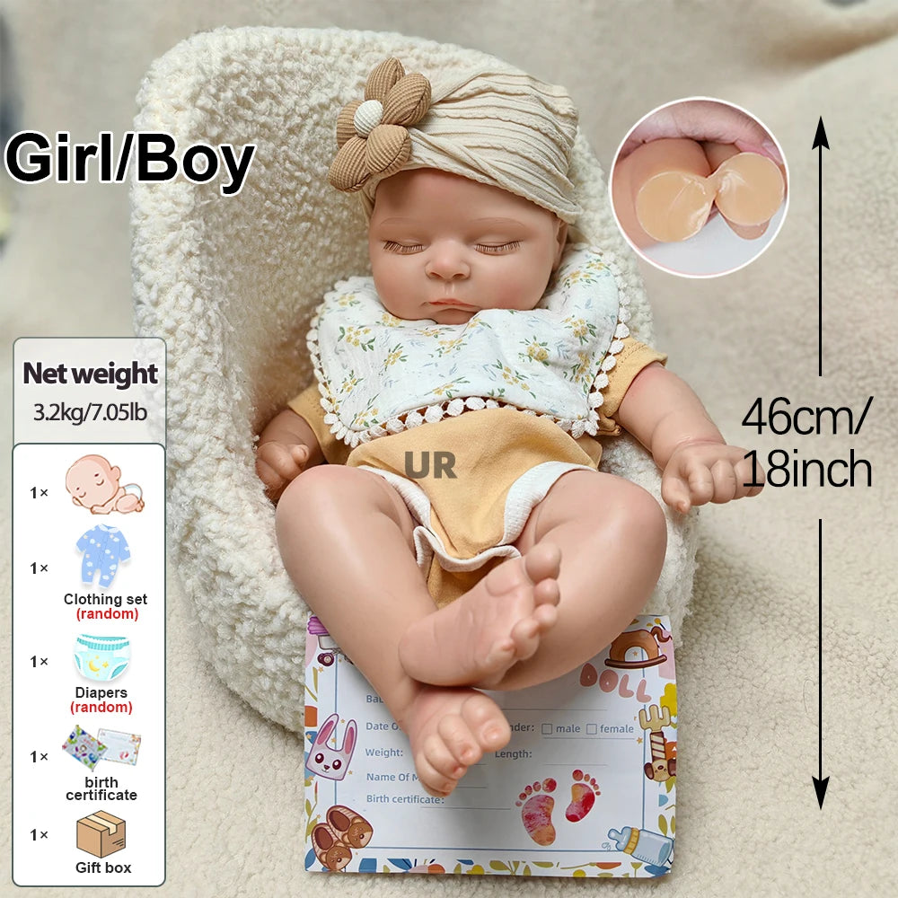 18' Lifelike Silicone Reborn Dolls Full Body Realistic Newborn Baby Doll with Closed Eyes Soft Platinum Silicone Baby Boy