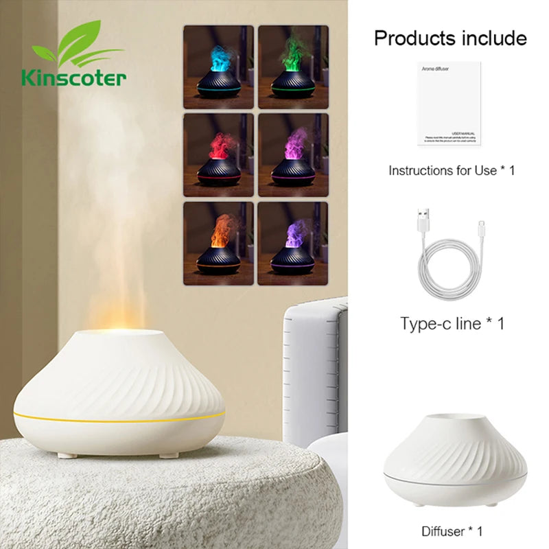 KINSCOTER Vulkanischer Aroma-Diffusor mit ätherischer Öllampe (130 ml), USB-Anschluss, tragbarer Luftbefeuchter mit farbigem Flammen-Nachtlicht