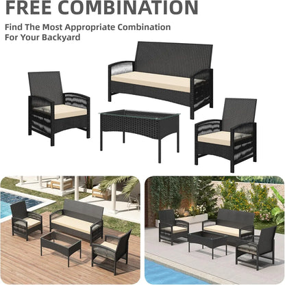 mcc direct 4Pcs Rattan Garden Furniture Set, Patio Rattan furniture sofa 2 Armchairs, 1 Loveseat Sofa and 1 coffee table  Sofia