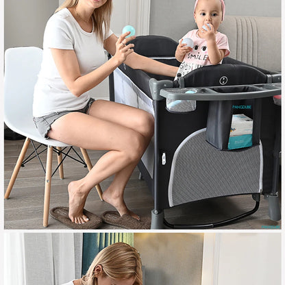 PANGDUBE 4-in-1 Baby Crib Multifunctional Convertible Bed with Rocker & Baby Playpen Newborn Changing Table Foldable Travel Cot