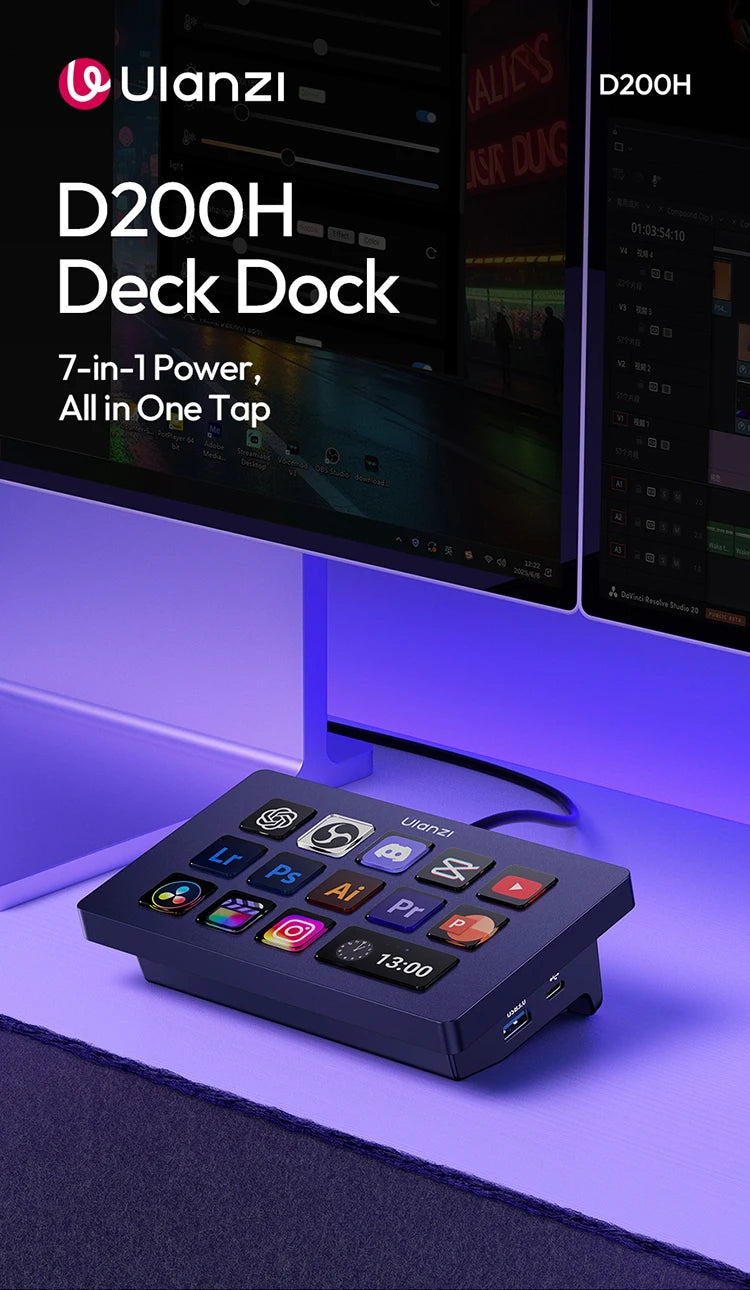 Ulanzi D200H Live Streaming Controller 13 LCD Keys for Tiktok Youtube Vlog Content Creation Photo Video Editing Gaming Office