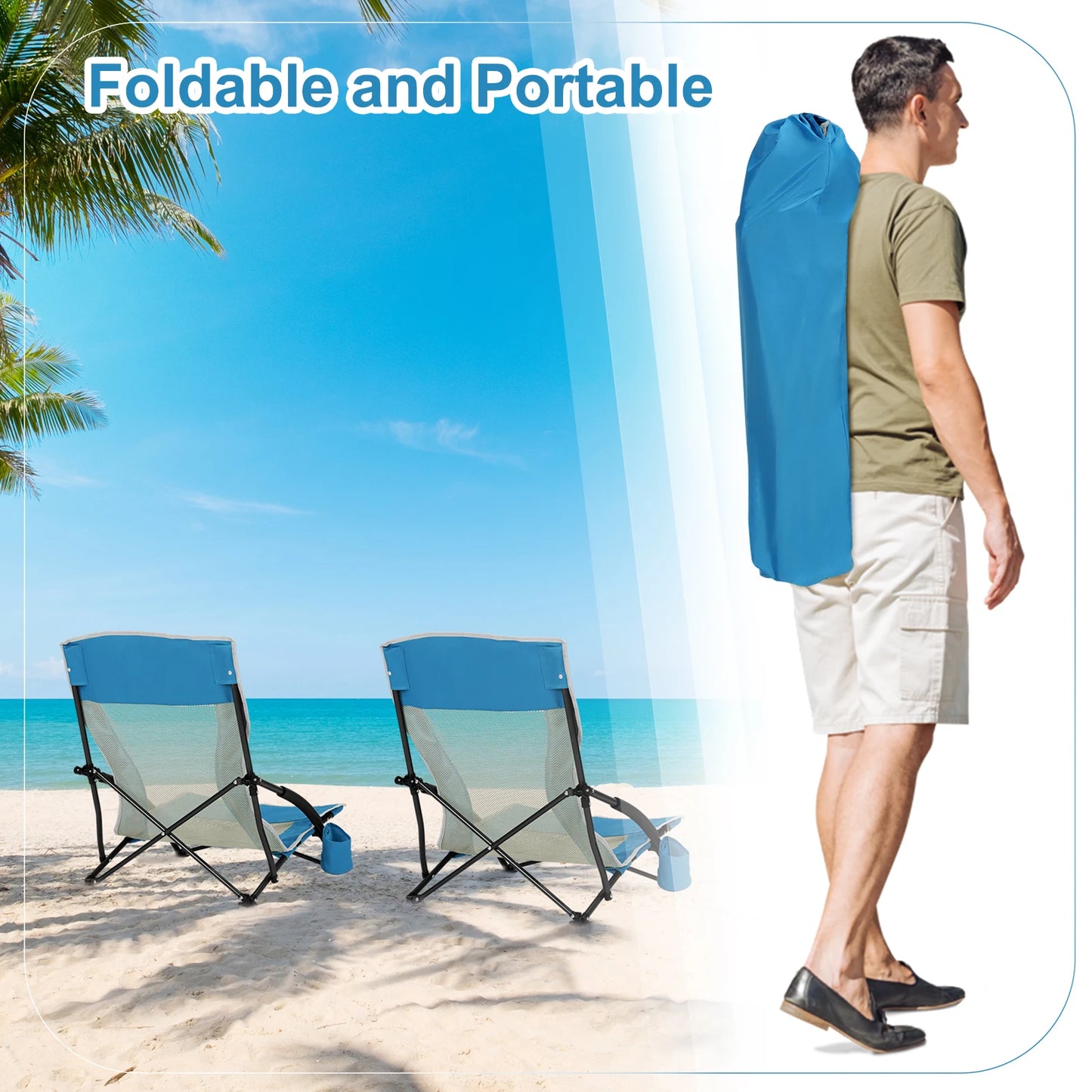 WOLTU Blue Foldable Camping Chair Portable Fishing Chair Beach Lounger Folding Armchair with Mesh Backrest Cup Holder Carry Bag