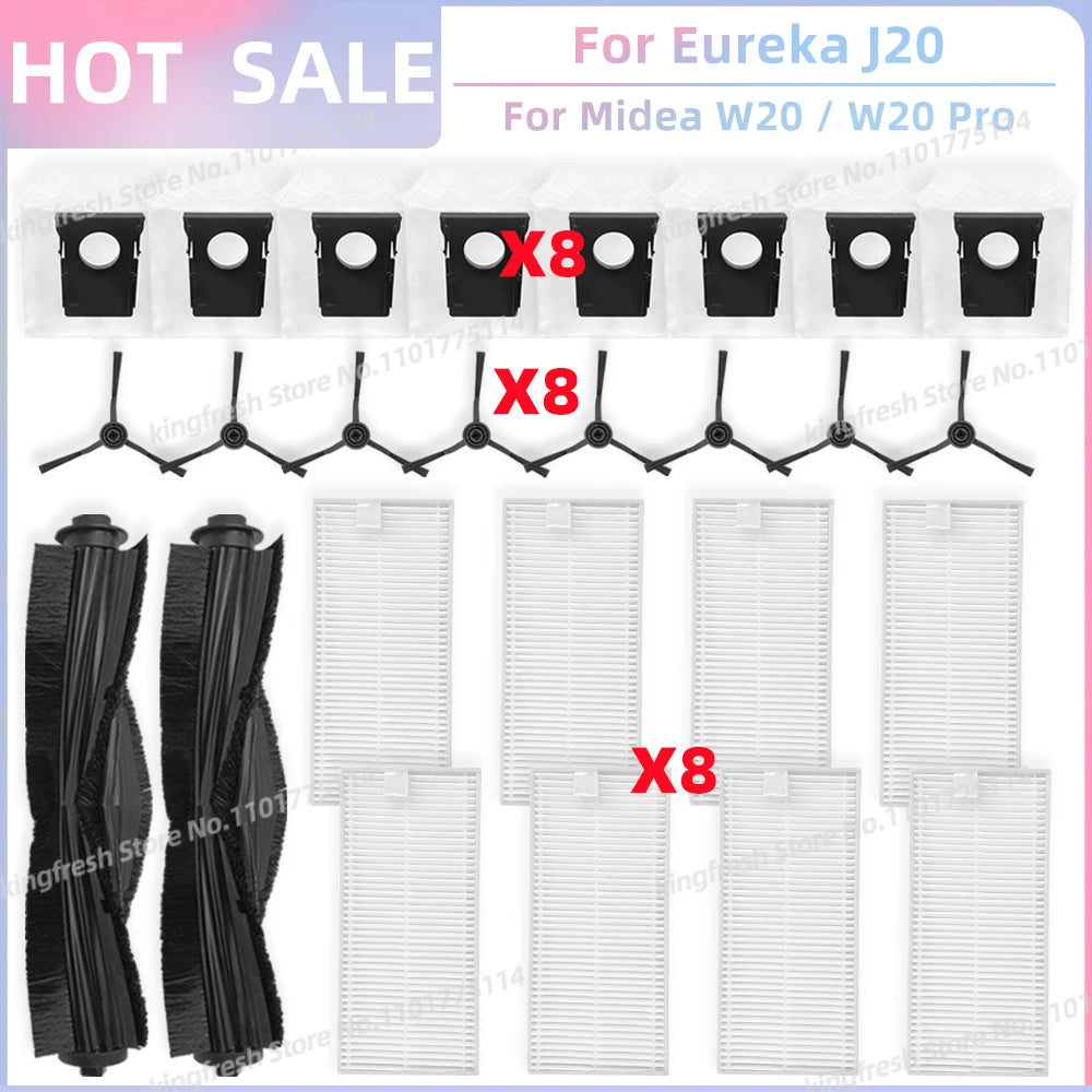 Fit For Eureka J20 / Midea W20 / W20 Pro Robot Vacuum Replacement Parts Main Roller Side Brush Hepa Filter Dust Bag Accessories