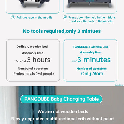 PANGDUBE 4-in-1 Baby Crib Multifunctional Convertible Bed with Rocker & Baby Playpen Newborn Changing Table Foldable Travel Cot