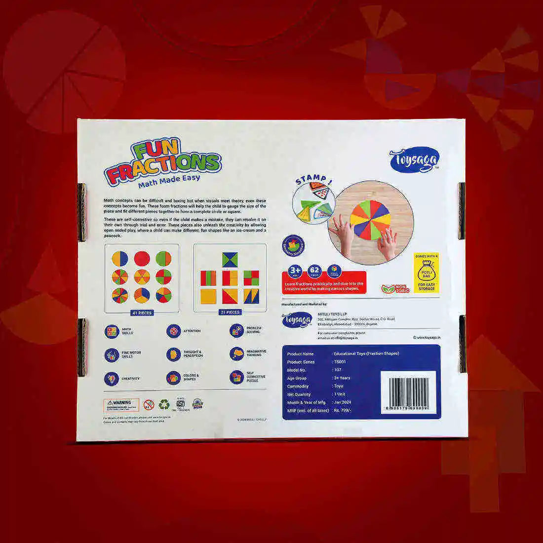 Toysaga Fun Fractions Foam Puzzle Educational Math Toy for Kids Ages 3-6 Years Colorful Shapes Learning Game