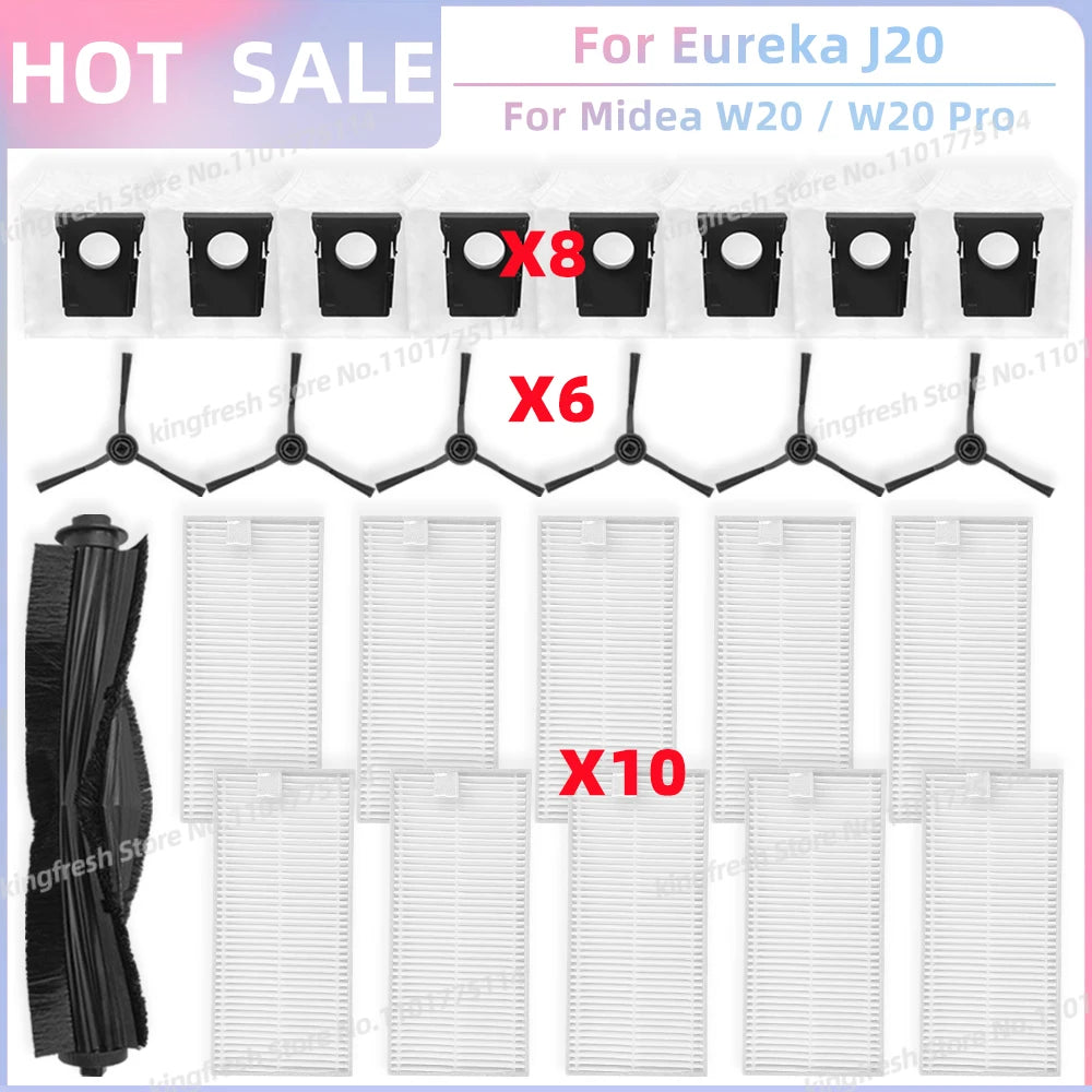 Fit For Eureka J20 / Midea W20 / W20 Pro Robot Vacuum Replacement Parts Main Roller Side Brush Hepa Filter Dust Bag Accessories