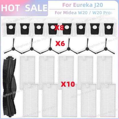 Fit For Eureka J20 / Midea W20 / W20 Pro Robot Vacuum Replacement Parts Main Roller Side Brush Hepa Filter Dust Bag Accessories