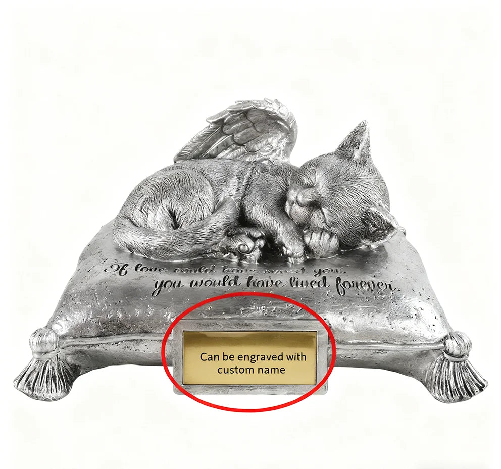 Resin Silver Cat Memorial Urn - Engravable Custom Name Plaque, Angel Wing Design, Pet Ashes Container, Ideal for Pet Grave Decor