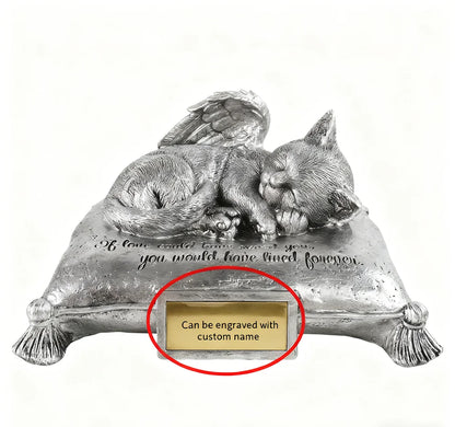Resin Silver Cat Memorial Urn - Engravable Custom Name Plaque, Angel Wing Design, Pet Ashes Container, Ideal for Pet Grave Decor