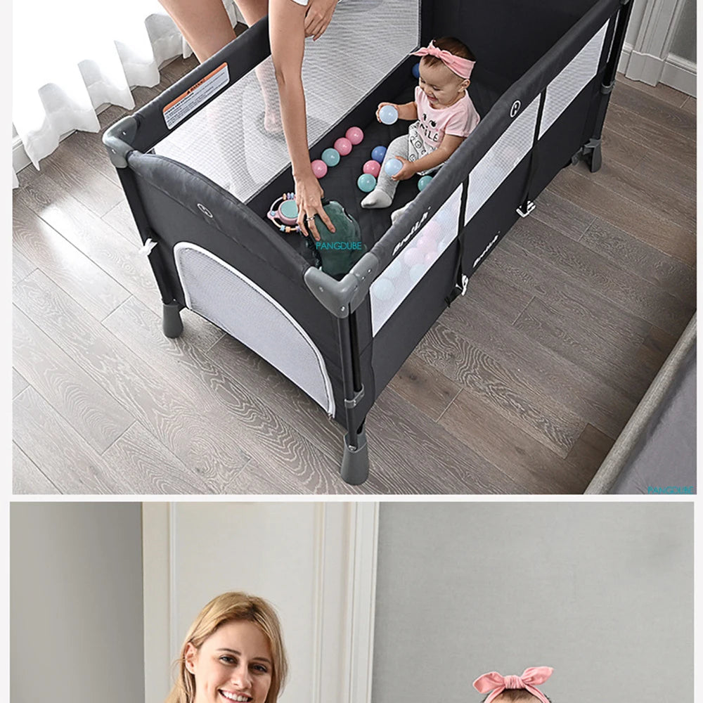 PANGDUBE 4-in-1 Baby Crib Multifunctional Convertible Bed with Rocker & Baby Playpen Newborn Changing Table Foldable Travel Cot
