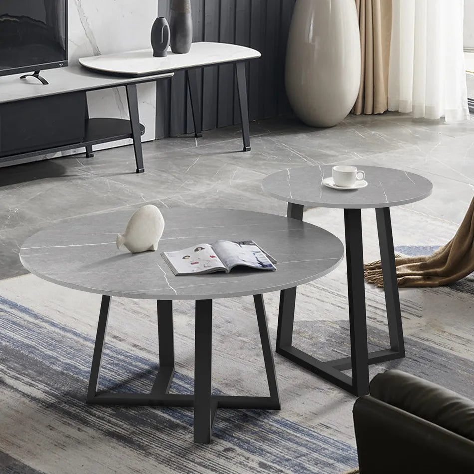 LUVODI Modern Set of 2 Living Room Round Center Table Furniture Marble Sofa Side Nesting Coffee Table with Metal Legs