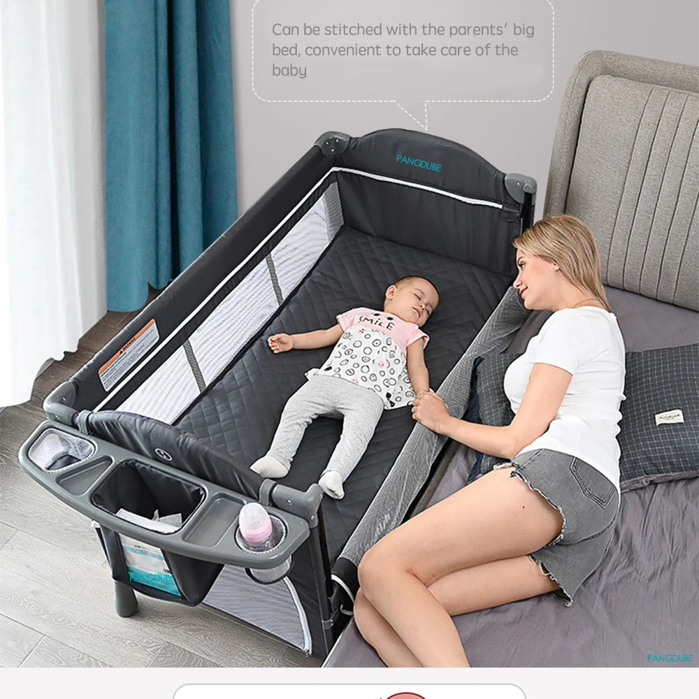 PANGDUBE 4-in-1 Baby Crib Multifunctional Convertible Bed with Rocker & Baby Playpen Newborn Changing Table Foldable Travel Cot