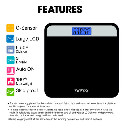 Temper Glass Bathroom Scale with LCD Display 180kg Capacity Slim Compact Portable Digital Body Weight Floor Scale Household Use