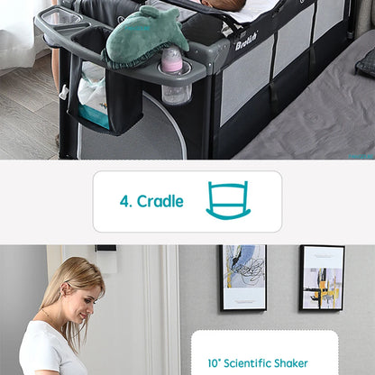PANGDUBE 4-in-1 Baby Crib Multifunctional Convertible Bed with Rocker & Baby Playpen Newborn Changing Table Foldable Travel Cot