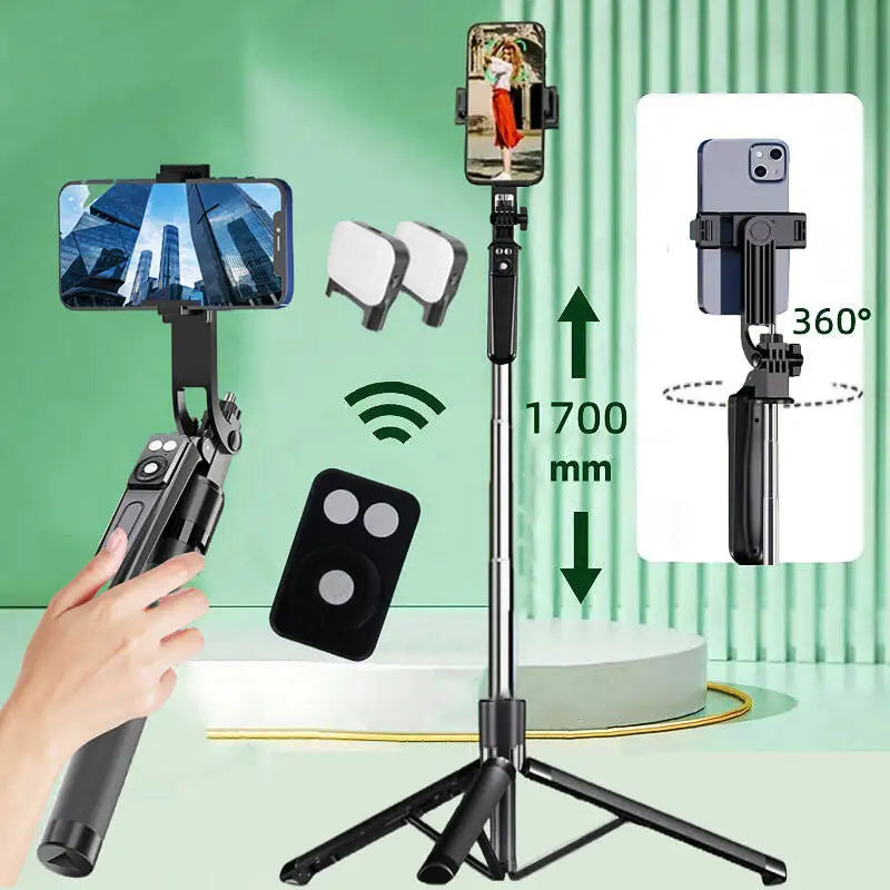 FANGTUOSI 1.7M 360 ° rotation Selfie Stick Wireless Tripod Stand with Light Bluetooth Remote Extendable phone holder for Tlktok