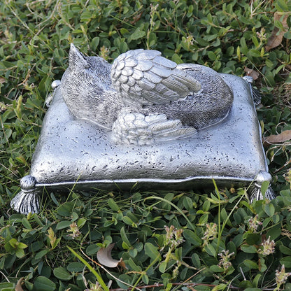 Resin Silver Cat Memorial Urn - Engravable Custom Name Plaque, Angel Wing Design, Pet Ashes Container, Ideal for Pet Grave Decor