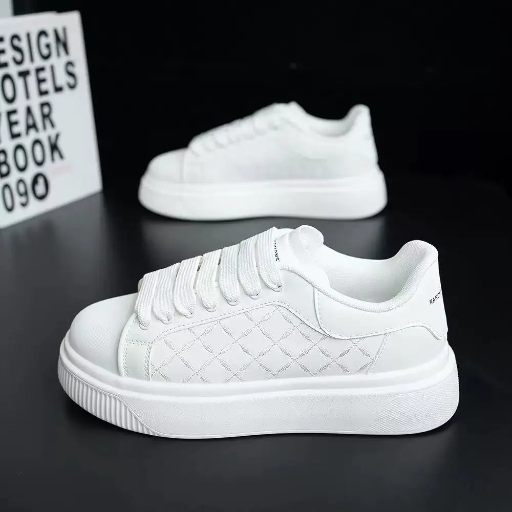 Men's White Sneakers Inside Elevating Couple Board Shoes Leather Casual Trainers