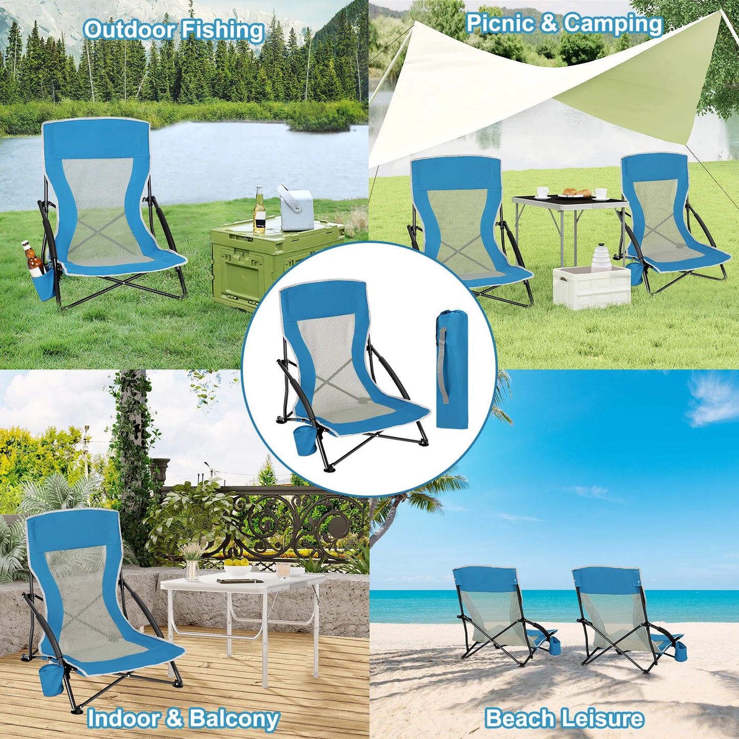 WOLTU Blue Foldable Camping Chair Portable Fishing Chair Beach Lounger Folding Armchair with Mesh Backrest Cup Holder Carry Bag