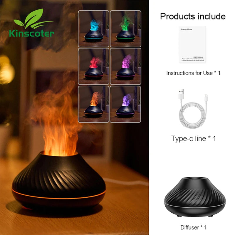 KINSCOTER Vulkanischer Aroma-Diffusor mit ätherischer Öllampe (130 ml), USB-Anschluss, tragbarer Luftbefeuchter mit farbigem Flammen-Nachtlicht