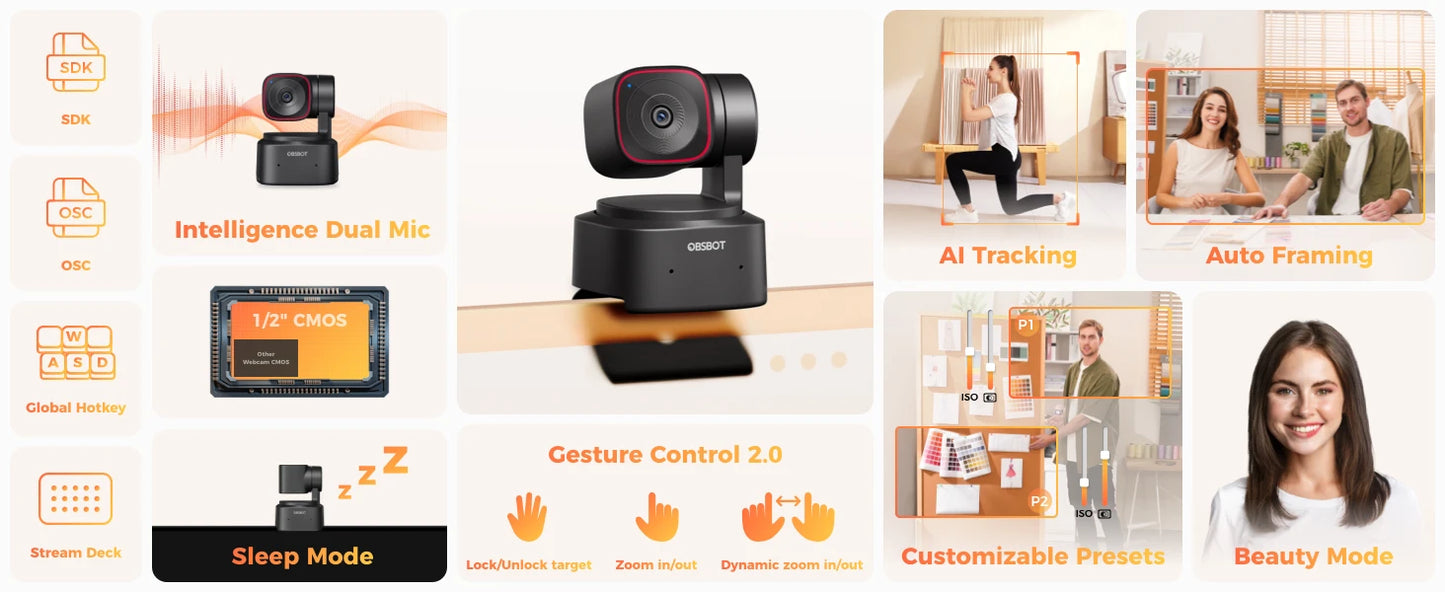 OBSBOT Tiny 2 Lite 4K Webcam for PC, AI Tracking PTZ Streaming Camera with 1/2" Sensor, Gesture Control, 60 FPS, HDR, Microphone