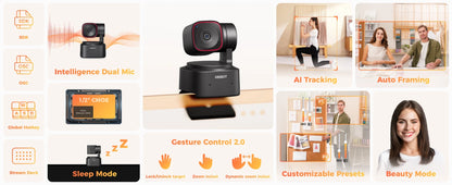 OBSBOT Tiny 2 Lite 4K Webcam for PC, AI Tracking PTZ Streaming Camera with 1/2" Sensor, Gesture Control, 60 FPS, HDR, Microphone