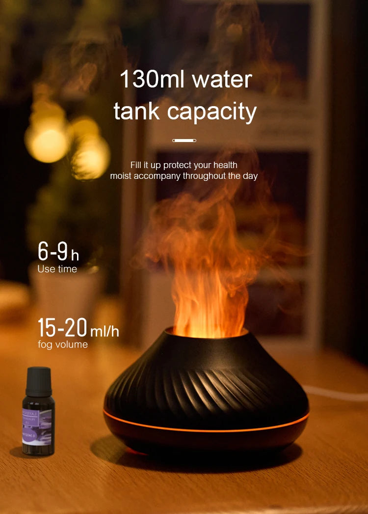 KINSCOTER Vulkanischer Aroma-Diffusor mit ätherischer Öllampe (130 ml), USB-Anschluss, tragbarer Luftbefeuchter mit farbigem Flammen-Nachtlicht