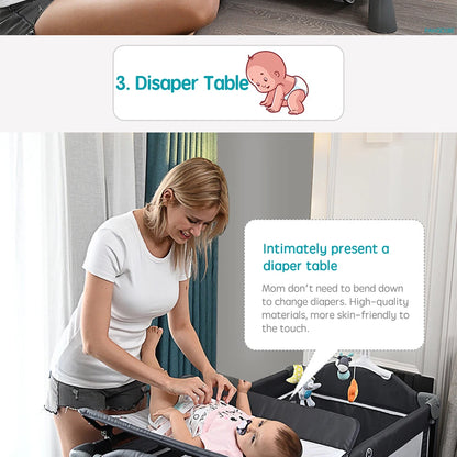 PANGDUBE 4-in-1 Baby Crib Multifunctional Convertible Bed with Rocker & Baby Playpen Newborn Changing Table Foldable Travel Cot