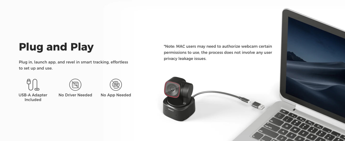 OBSBOT Tiny 2 Lite 4K Webcam for PC, AI Tracking PTZ Streaming Camera with 1/2" Sensor, Gesture Control, 60 FPS, HDR, Microphone