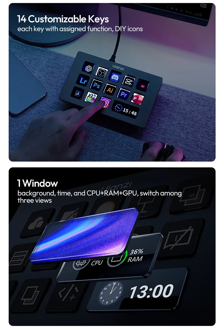 Ulanzi D200H Live Streaming Controller 13 LCD Keys for Tiktok Youtube Vlog Content Creation Photo Video Editing Gaming Office