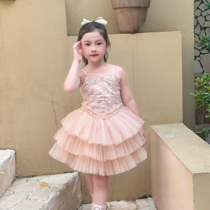 3-Tier Lace Sleeveless Beaded Knee-Length Princess Dress Baby Girls Summer Wedding Ceremony Birthday Party ODM Eco-Friendly