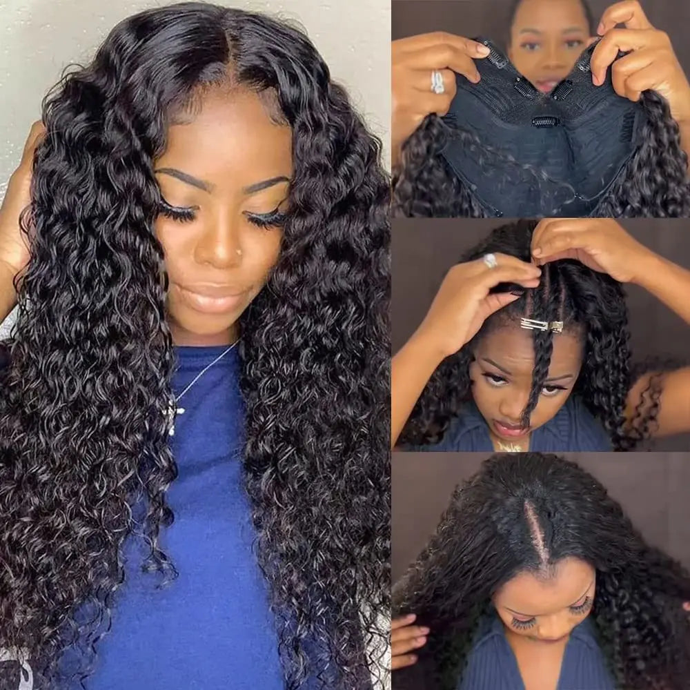 Deep Curly V Part Wig Human Hair No Leave Out Brazilian Deep Wave Human Hair Wigs for Women U Part No Glue Virgin Wigs On Sale