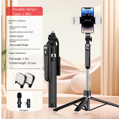 FANGTUOSI 1.7M 360 ° rotation Selfie Stick Wireless Tripod Stand with Light Bluetooth Remote Extendable phone holder for Tlktok