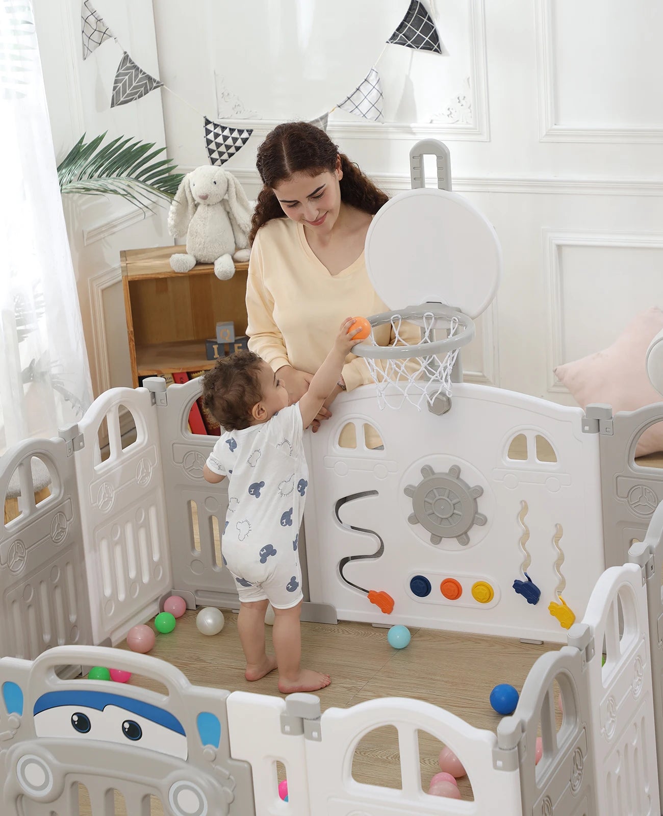UBRAVOO Foldable Baby Playpen with Basketball Hoop & 50Pcs Coloured Pit Balls,  Toddler and Baby Play pen  fence, 14-Panel