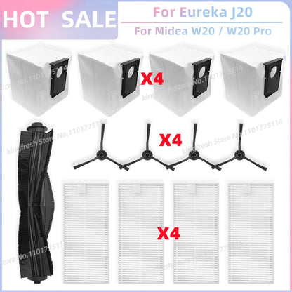 Fit For Eureka J20 / Midea W20 / W20 Pro Robot Vacuum Replacement Parts Main Roller Side Brush Hepa Filter Dust Bag Accessories