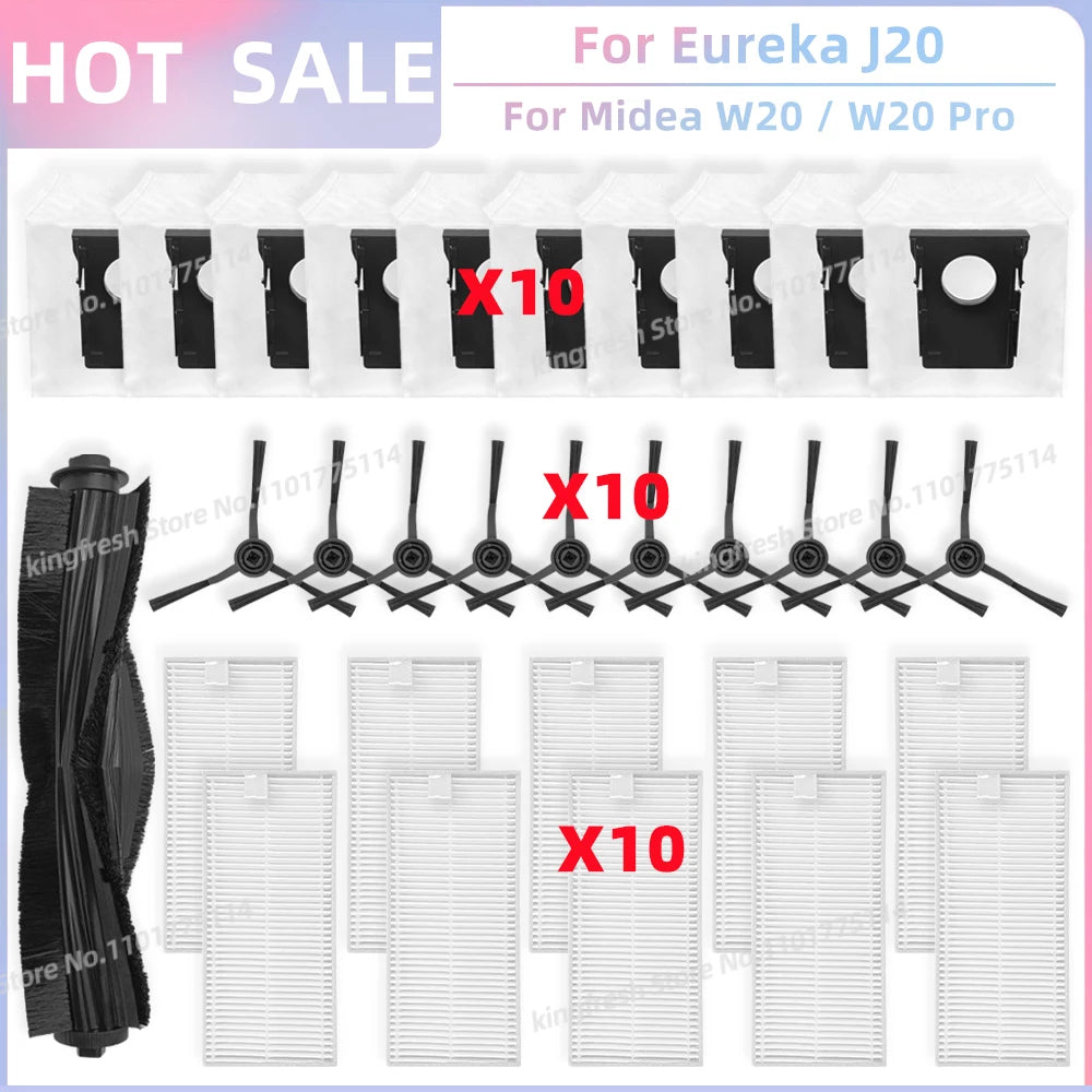 Fit For Eureka J20 / Midea W20 / W20 Pro Robot Vacuum Replacement Parts Main Roller Side Brush Hepa Filter Dust Bag Accessories