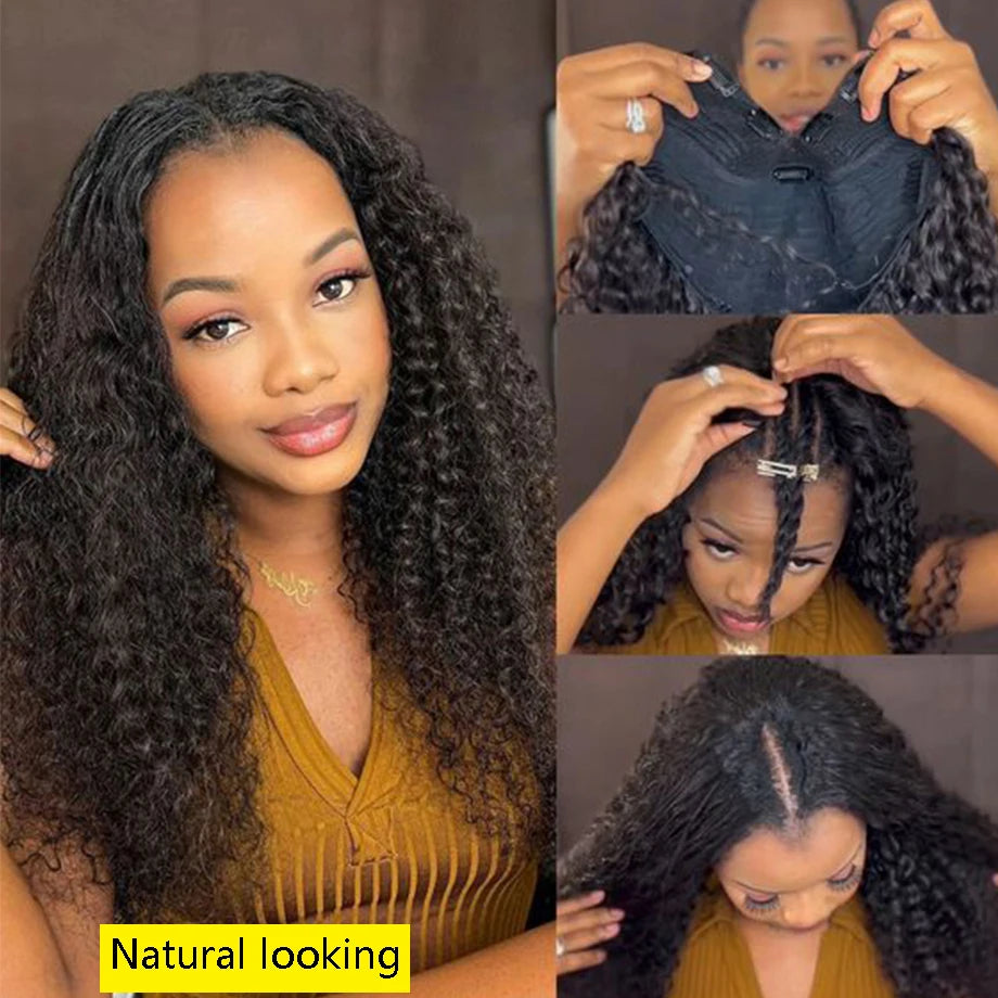 Deep Curly V Part Wig Human Hair No Leave Out Brazilian Deep Wave Human Hair Wigs for Women U Part No Glue Virgin Wigs On Sale