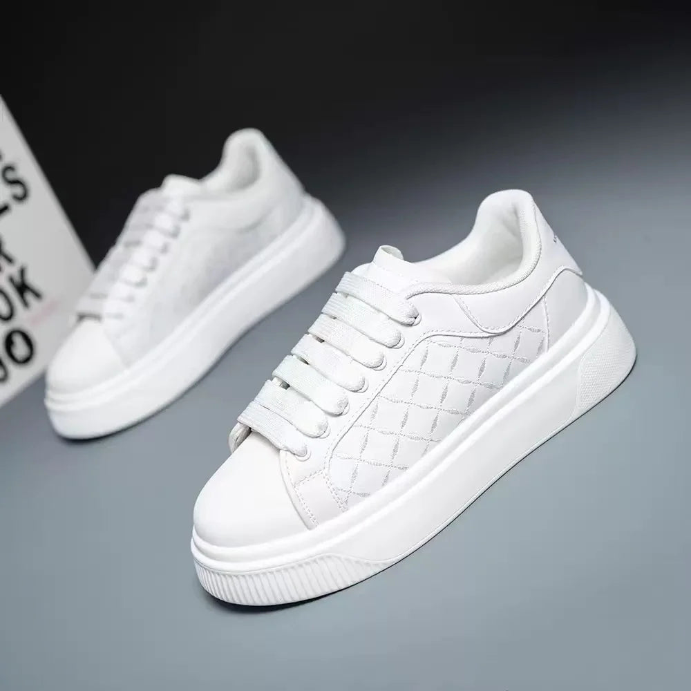Men's White Sneakers Inside Elevating Couple Board Shoes Leather Casual Trainers