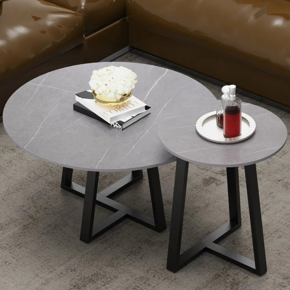 LUVODI Modern Set of 2 Living Room Round Center Table Furniture Marble Sofa Side Nesting Coffee Table with Metal Legs