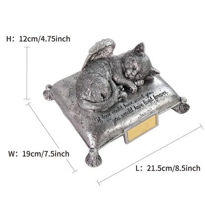 Resin Silver Cat Memorial Urn - Engravable Custom Name Plaque, Angel Wing Design, Pet Ashes Container, Ideal for Pet Grave Decor