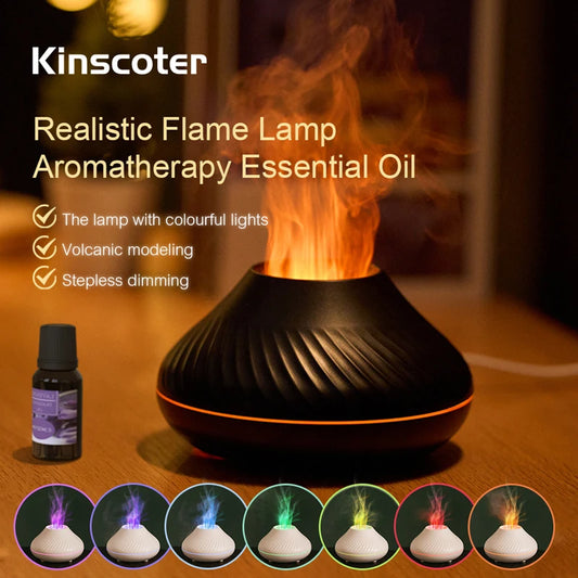 KINSCOTER Vulkanischer Aroma-Diffusor mit ätherischer Öllampe (130 ml), USB-Anschluss, tragbarer Luftbefeuchter mit farbigem Flammen-Nachtlicht