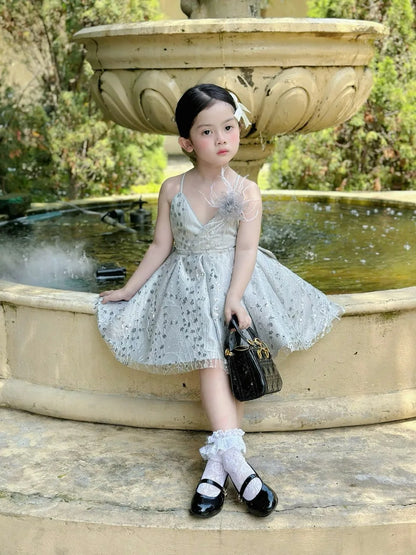 Premium High Quality Glitter Gown for Girls Custom Made in Vietnam Big Size 1 OEM ODM Floor-Length Dress for Kids' Party Wear
