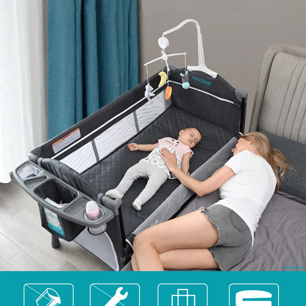 PANGDUBE 4-in-1 Baby Crib Multifunctional Convertible Bed with Rocker & Baby Playpen Newborn Changing Table Foldable Travel Cot