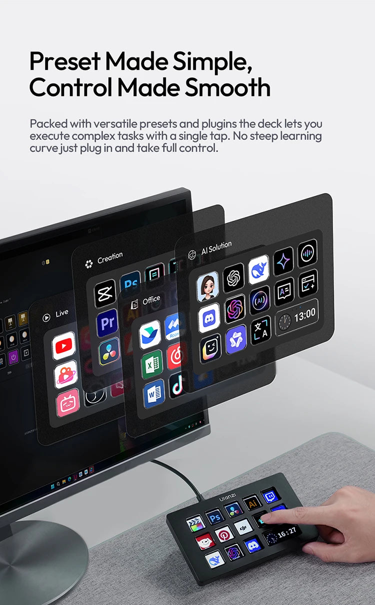 Ulanzi D200H Live Streaming Controller 13 LCD Keys for Tiktok Youtube Vlog Content Creation Photo Video Editing Gaming Office
