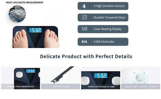 Electronics Smart Glass Modern LCD Bathroom Kitchen Scale 180 kg 100 g for Digital Body Fat BMI Sensor App-Connected