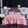 2025 Spring New Washed Silk 4PCS Bed Sheet Pink Plain Duvet Cover  with Floral Solid Cartoon Quilt Set