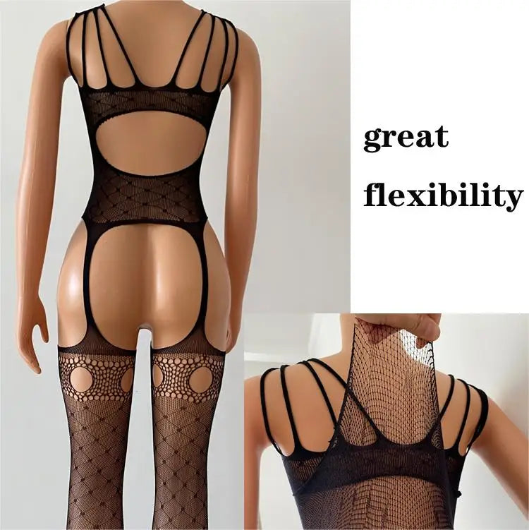 Sexy Dessous mit offenem Schritt, durchbrochenem Netzbody, sexy Strumpfhose mit Cut-Outs, Ganzkörperstrumpf