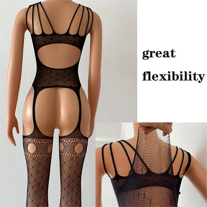 Sexy Dessous mit offenem Schritt, durchbrochenem Netzbody, sexy Strumpfhose mit Cut-Outs, Ganzkörperstrumpf