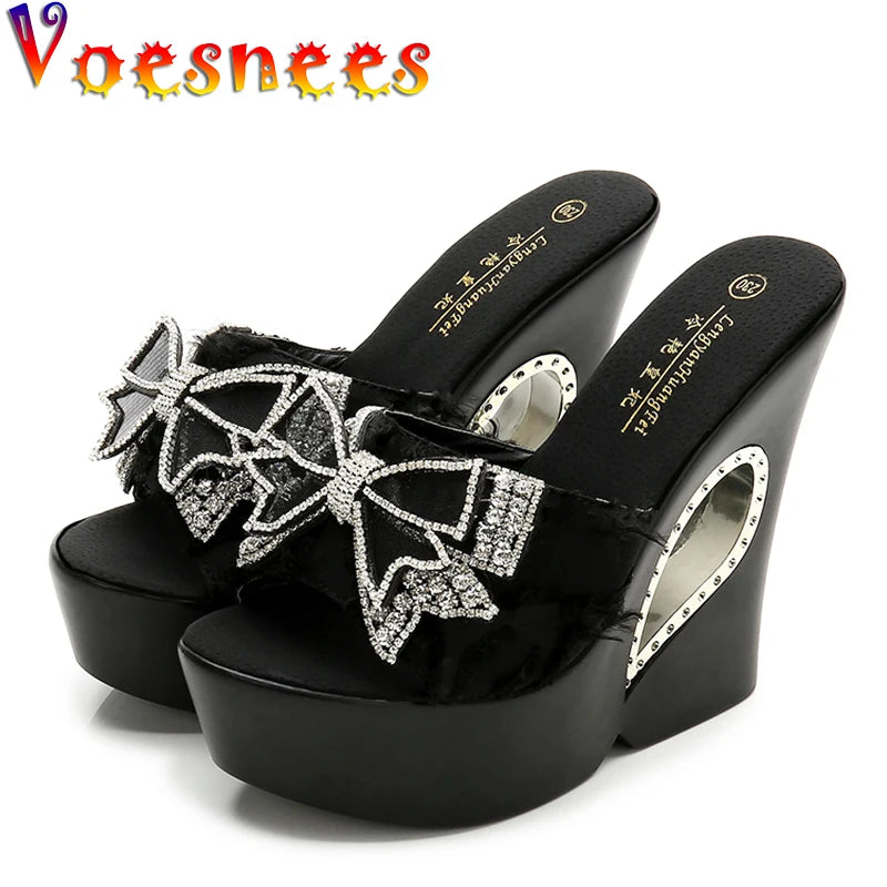 Voesnees Ladies Slippers Sexy Comfortable Wild Wedge Outdoor Sandals Summer Women's Shoes Thick Bottom Rhinestone Bow Slide
