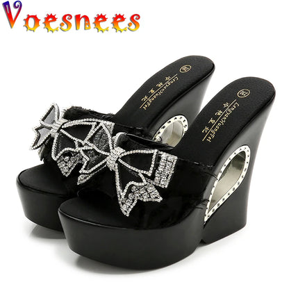 Voesnees Ladies Slippers Sexy Comfortable Wild Wedge Outdoor Sandals Summer Women's Shoes Thick Bottom Rhinestone Bow Slide