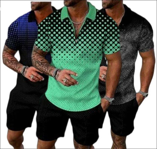 S-5XL Summer New Large Size Men's Casual Contrast Color POLO Zipper Lapel Shirt Short Sleeve + Shorts 2 Piece Suit